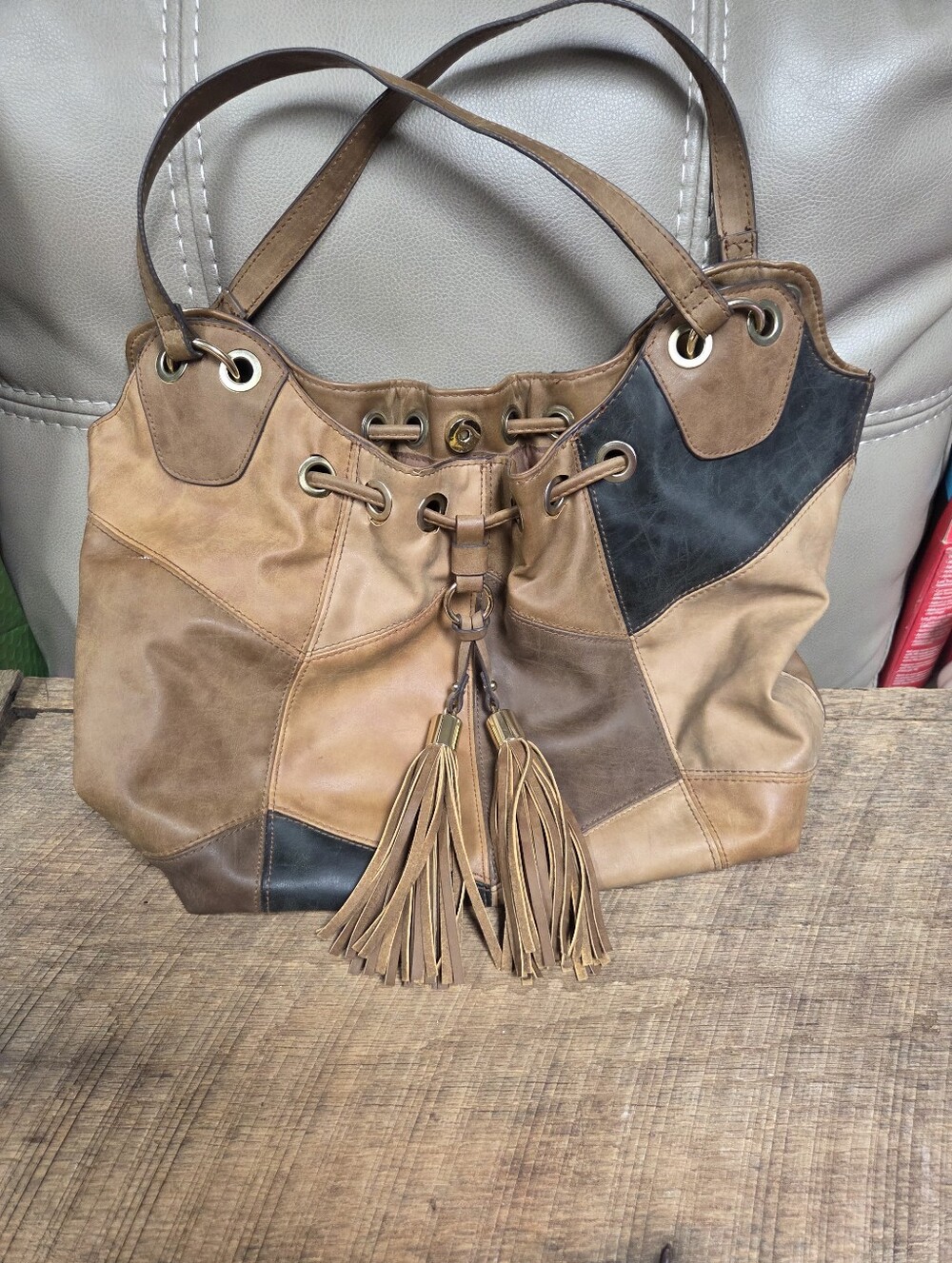 Patchwork Tassel Shoulder Bag in Browns ~ Bin 1F
